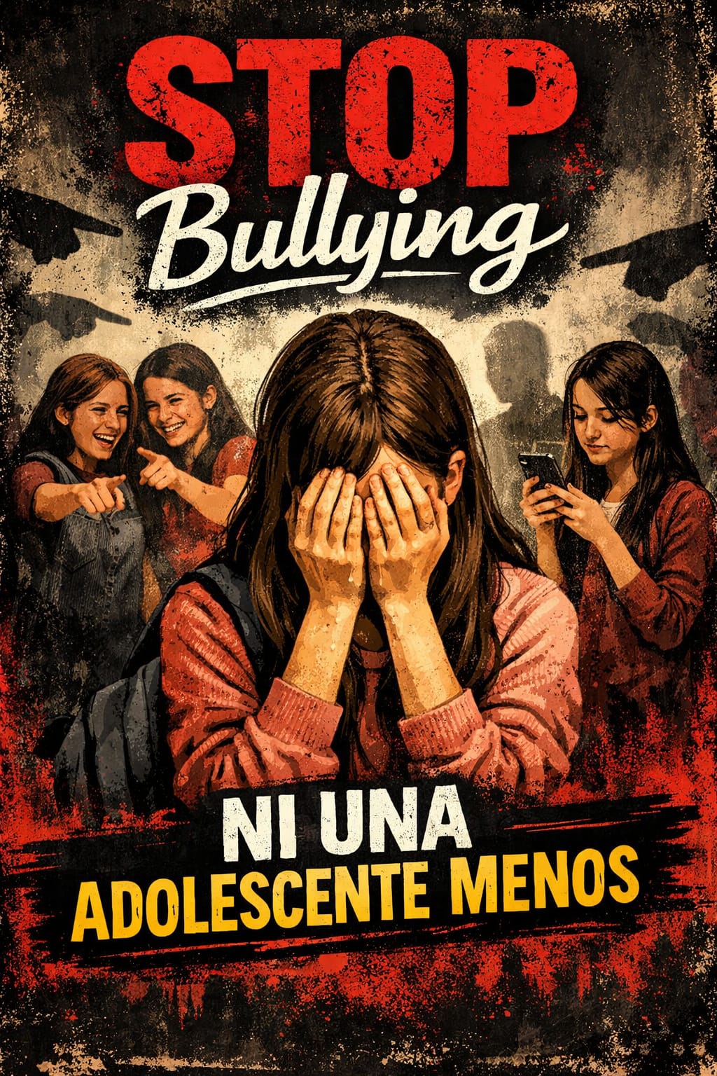 Cartel de concienciación contra el bullying en España con el mensaje STOP ACOSO ESCOLAR y NI UNA ADOLESCENTE MENOS, mostrando la importancia de proteger a adolescentes del acoso.