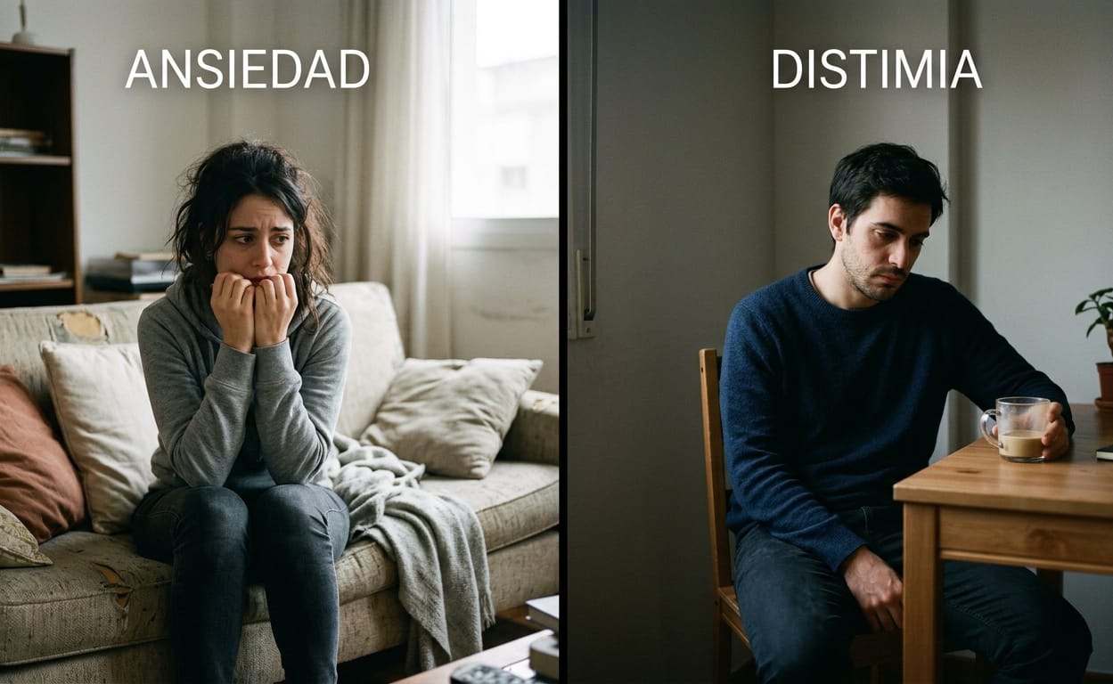 Imagen dividida que muestra a una mujer joven a la izquierda con ansiedad, sentada en un sofá, tapándose la boca con las manos y mirando hacia abajo con angustia, y a un hombre joven a la derecha con distimia, sentado a una mesa, mirando melancólicamente una taza de café, transmitiendo pesadez emocional y baja energía.